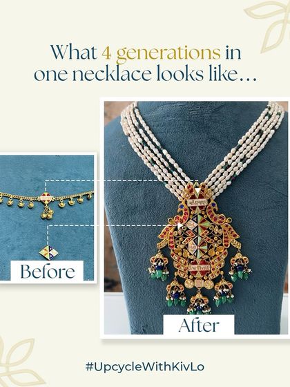 This necklace tells the story of four generations. We combined multiple heirloom pieces, including a ghoogri and a pendant, into a single, magnificent necklace that carries the names and memories of an entire family.