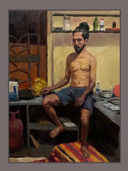 The full composition of my award-winning painting "Bachelor," showing the environment and details that build the narrative.