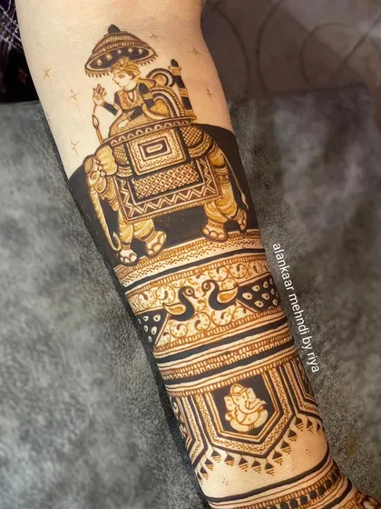 Another angle of the baraat-themed arm design, showing the fine details and shading.