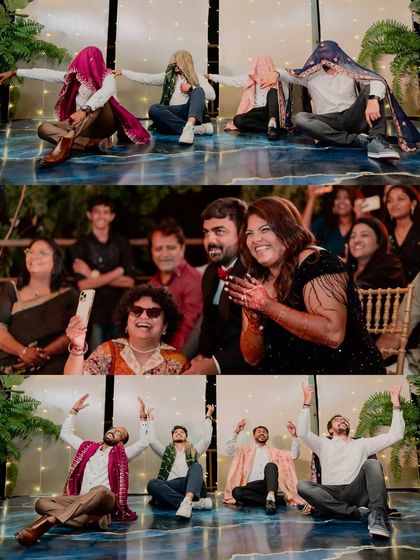 A collage of hilarious and heartwarming dance performances by friends, and the couple's delighted reactions.