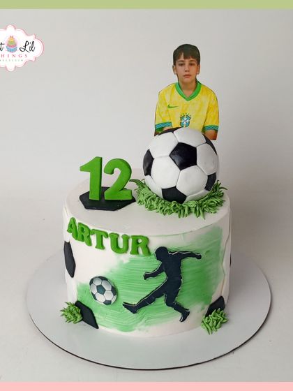 Kicking off a 12th birthday with this football-themed cake. It features a soccer ball, a player silhouette, and a custom photo of the birthday boy in his jersey.