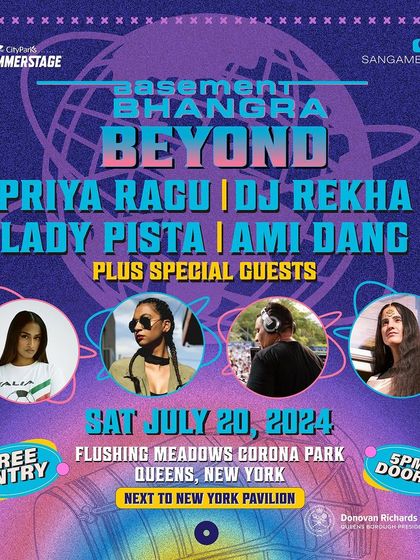 The official poster for Basement Bhangra Beyond, showcasing the full lineup. My curation focuses on creating a diverse musical journey, from the Tamil-Swiss sounds of Priya Ragu to the experimental sitar of Ami Dang.