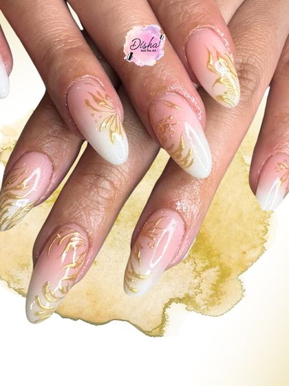 Grace in every detail. This elegant set features a soft white ombre base with luxurious gold swirls, creating a look of pure royalty.