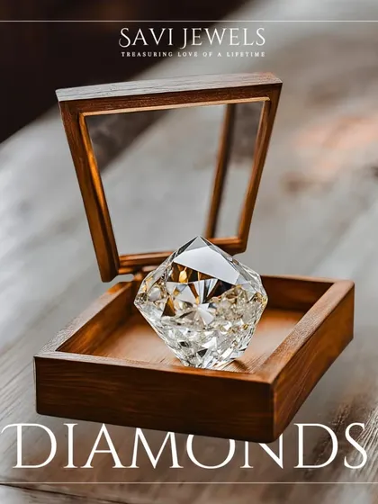 This image of a large, beautifully cut diamond in a display box represents the potential within each stone. We work with naturally occurring diamonds to craft personalized jewellery that captures life's most cherished moments and helps you find your signature sparkle.