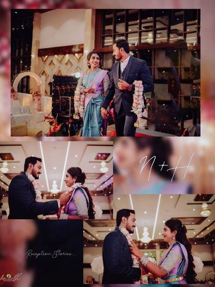 A collage summarizing a reception story, from the couple's entrance to the intimate moments of the garland exchange.