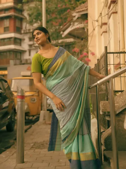 A full series shot around Colaba and CST, blending historic architecture with elegant saree styling. The mix of color and black and white photos shows the versatility of the location and the mood we can create.