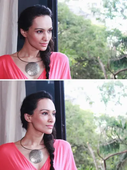 A diptych showing two similar poses from the same session. This illustrates how a slight change in gaze or angle can create a different mood, moving from introspective to observant.