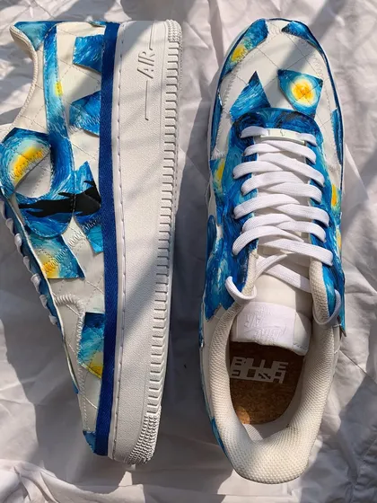 Imagine walking in your favorite painting. I brought Van Gogh’s iconic "Starry Night" to life on a pair of Nike Air Force 1s. Each brushstroke is carefully placed to capture the movement and emotion of the original masterpiece, turning these sneakers into a true collector's item.
