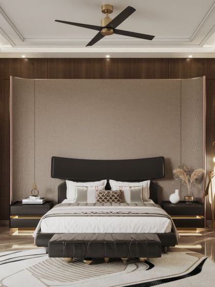 A master bedroom suite featuring dark wood, metallic accents, and unique lighting fixtures. The renders showcase a bold, masculine design and include views of both the sleeping and seating areas.