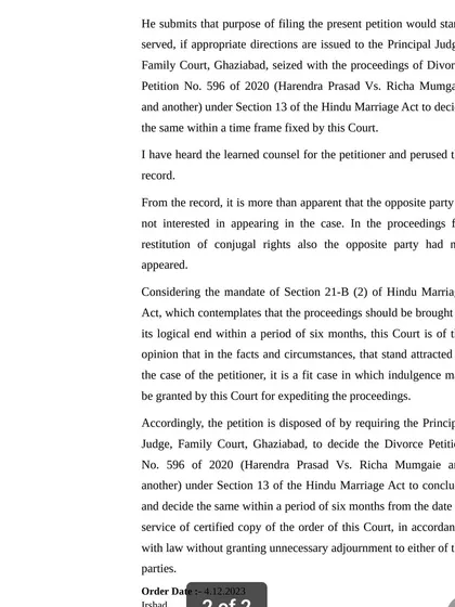 The concluding page of the High Court order directing the family court to fast-track a divorce proceeding. This demonstrates our commitment to preventing unnecessary delays for our clients.