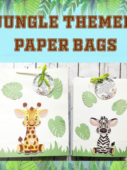 The custom paper bags are a key part of the experience. These jungle bags feature giraffe and zebra designs with leaf cutouts and personalized thank you tags.