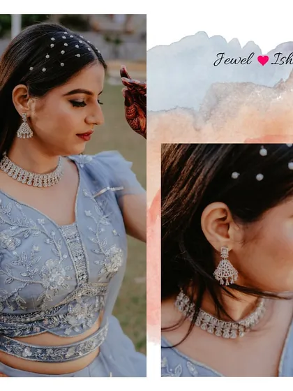 A closer look at bride Janhavi's choice. The diamond choker and jhumkas are a timeless combination that perfectly complemented her pastel blue outfit. Seeing my brides this happy is the best part of my job.