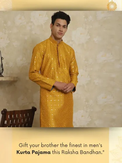 Gift your brother the finest in men's Kurta Pajama this Raksha Bandhan. This yellow embroidered kurta is a blend of tradition and comfort that keeps him looking sharp.
