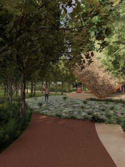 A duplicate view of the tranquil meditation zone, emphasizing the sense of enclosure and privacy created by the dense surrounding forest.