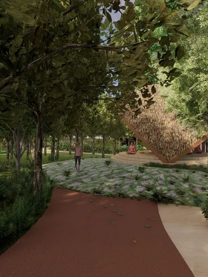 A duplicate view of the tranquil meditation zone, emphasizing the sense of enclosure and privacy created by the dense surrounding forest.