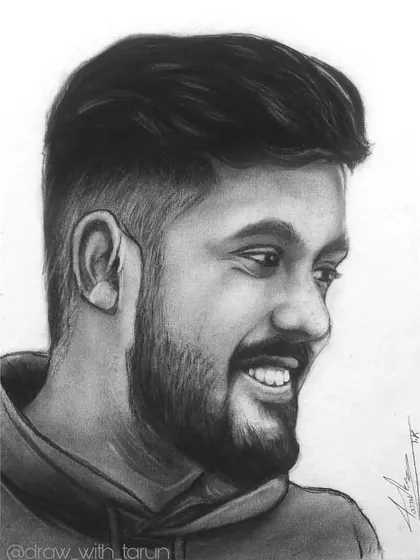 A graphite portrait commission where the challenge was to capture a candid, smiling expression from a side profile. The detailed work on the hair and beard adds to the realism.