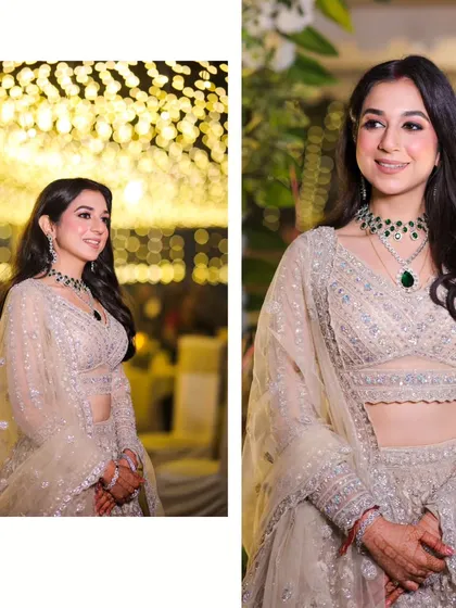 A collage of the bride at her reception. The photos capture her elegant look against a backdrop of beautiful bokeh lights, perfect for an evening celebration.