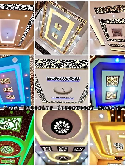 A collection of awesome false ceiling designs with a royal touch, featuring ornate 'jaali' work and bold, colorful lighting.