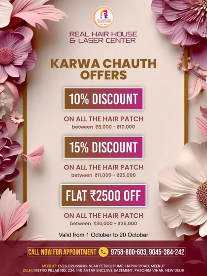 Get ready for Karwa Chauth with our special hair patch deals. This graphic details our limited-time offers, including percentage discounts and a flat discount on our premium hair patches.