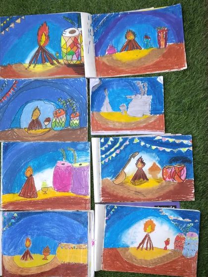 Collages showing the amazing variety of oil pastel drawings from our classes, from flowers and animals to landscapes and festive themes.