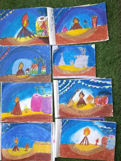 Collages showing the amazing variety of oil pastel drawings from our classes, from flowers and animals to landscapes and festive themes.