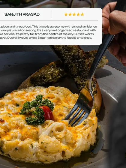 As one of our guests, Sanjith, said, the food here is worth the travel. This baked macaroni and cheese, served with garlic bread, is a testament to the comforting and delicious food we strive to create.