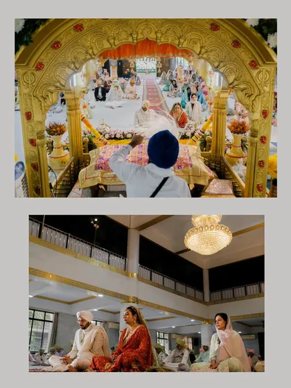 Two perspectives of the Anand Karaj, showing a wide view of the serene Gurudwara setting and a closer shot of the ceremony.