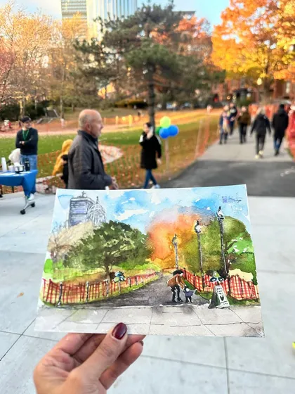 A beautiful autumn day in Boston's Titus Sparrow Park, captured in watercolour. I tried to paint the warm fall colours and the mix of nature and city skyline in this piece.