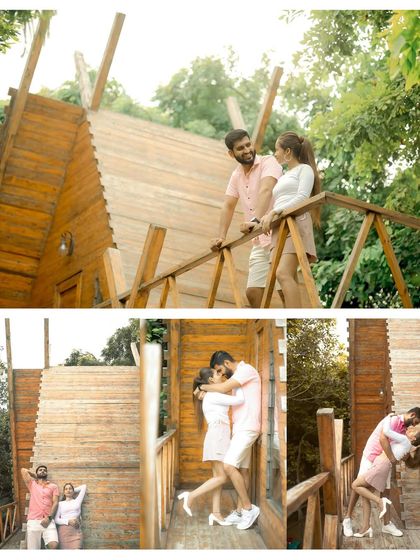 A fun and playful collage from a pre-wedding shoot at a rustic wooden structure. We capture a variety of poses, from romantic embraces to joyful lifts, all in one location.