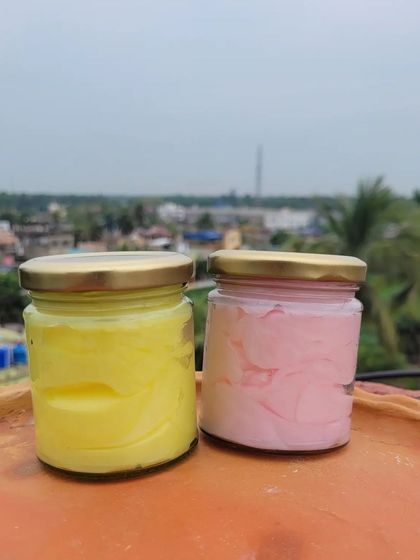 My Fresh Lime and Cherry Blossom Body Yogurts, ready to be shipped. They come in sturdy glass jars that preserve the freshness of the product.