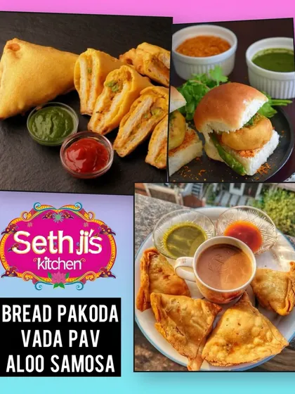 A collage showcasing some of our most-loved snacks. You can see our crispy Bread Pakoda, classic Mumbai Vada Pav, and golden Aloo Samosas, all served with our special chutneys.