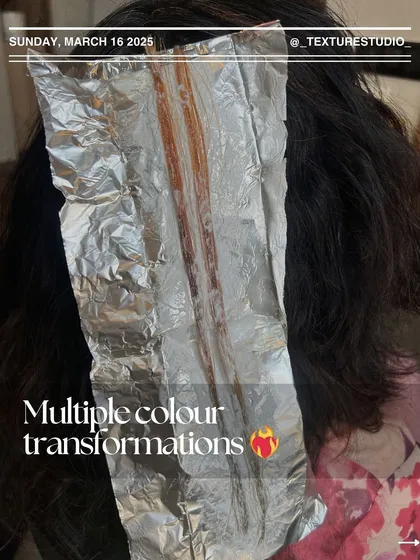 A glimpse into the process of a multiple colour transformation. Each foil is carefully placed to create a unique and dimensional final look.