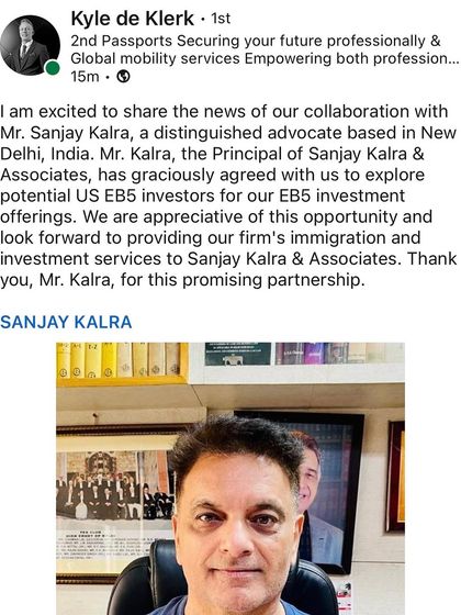 This partnership announcement details our collaboration on US EB-5 investor programs and global mobility services for Mauritius, expanding the investment immigration options I can offer to my clients.