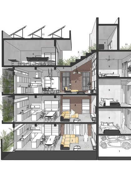 This architectural section drawing illustrates the split-level duplex design. You can see how each apartment has varied floor heights, creating more dynamic and interesting interior volumes compared to a standard apartment layout.