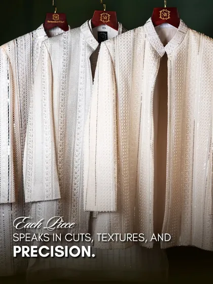 Each piece speaks in cuts, textures, and precision. This image displays a collection of our ivory sherwanis, each with unique woven patterns and embellishments, designed for the discerning groom.