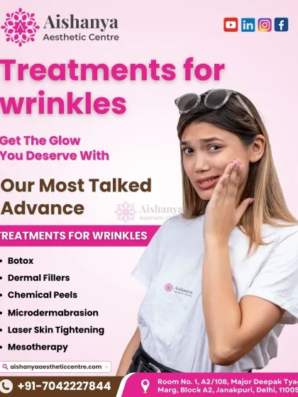 This graphic lists the various treatments I offer for wrinkles, including Botox, dermal fillers, chemical peels, and laser skin tightening. There is a solution for every type and severity of wrinkles.
