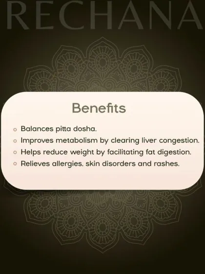 This graphic highlights the benefits of Virechanam. This detoxification therapy balances Pitta, improves metabolism by clearing liver congestion, and helps relieve allergies and skin disorders.