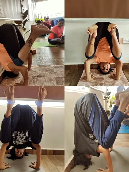 My students are practicing the Tripod Headstand. This variation requires a different kind of balance and strength, and they are all doing a fantastic job exploring this challenging inversion.