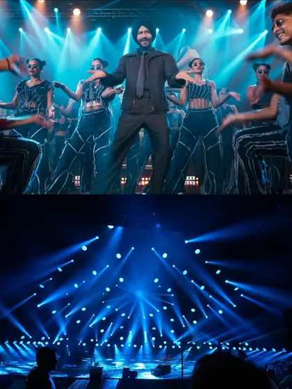 A high-energy moment from the "Po Po Song" dance sequence. The bottom frame reveals the grid of blue lights that our team used to bathe the entire stage in a vibrant, uniform color for this part of the song.