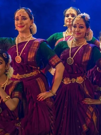 My senior students in perfect sync during a performance at Ravindra Kalakshetra. Their dedication to the art form shines through in every precise movement and shared expression.