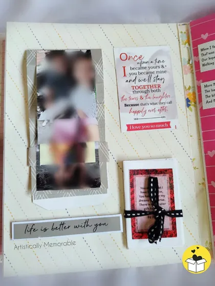 This page has a waterfall card element and a little ribbon-tied note, making the album interactive and fun to explore.