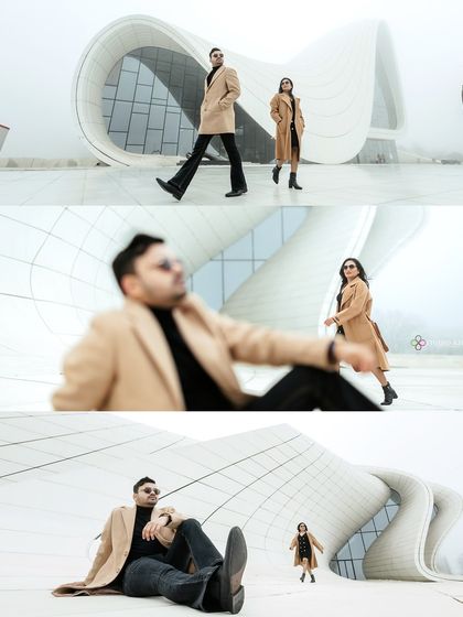 A collage of artistic and dynamic poses against the fluid lines of the Heydar Aliyev Center in Baku. These shots showcase creative composition and a high-fashion aesthetic.