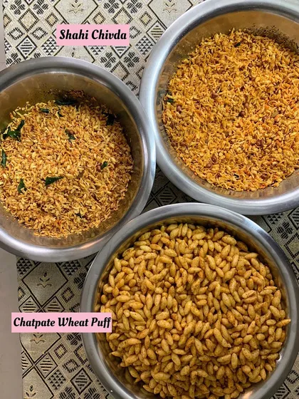 Bowls of Shahi Chivda and Chatpate Wheat Puffs, perfect for munching.