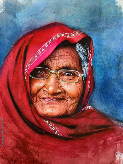 An advanced portrait where the subject is draped in a vibrant red cloth. This piece is a study in how to paint rich, saturated colors while maintaining the realistic textures of skin and fabric.