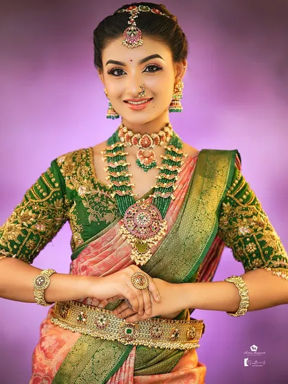 A complete bridal transformation, showcasing my expertise in not just makeup, but also traditional hairstyling and perfect saree draping. This is a look we created for a portfolio shoot.