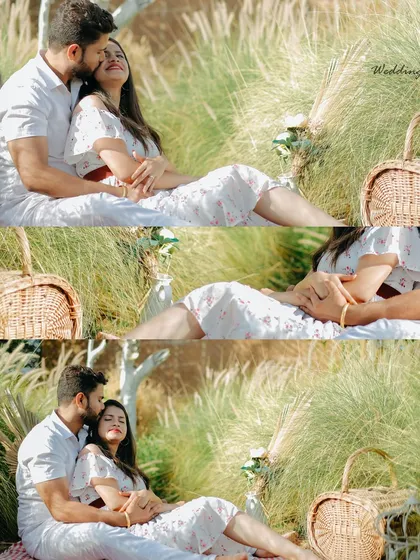 A collage of a picnic shoot, showing the couple in relaxed poses with a picnic basket, capturing the cozy and romantic vibe of the day.
