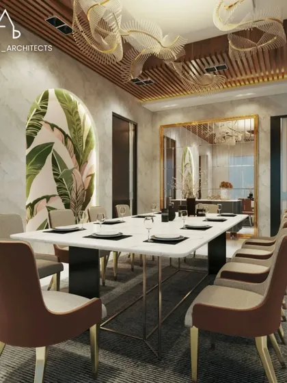 I designed this dining room to be a warm and inviting space for gatherings. The design features a statement marble tabletop, sculptural overhead lighting, and a slatted wood ceiling, all balanced by a botanical accent wall that adds a touch of nature.