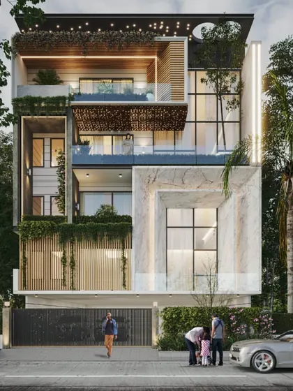 An example of nature-responsive residential architecture where I layered materials like marble, wood, and glass with integrated vertical gardens. The design brings lush greenery to every level of this urban home.