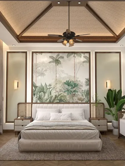 A full view of the tropical-themed bedroom, showing the vaulted ceiling with woven texture. This architectural detail adds warmth and character, enhancing the feeling of being in a luxurious, secluded retreat.
