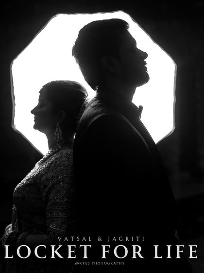 A stylized version of the silhouette portrait for Vatsal and Jagriti. Adding their names and a creative tagline makes this artistic photo perfect for sharing on social media or as part of their wedding album.